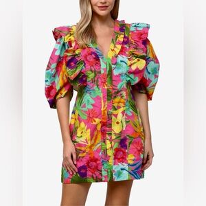 Fate Tropical Floral Dress with puff sleeves